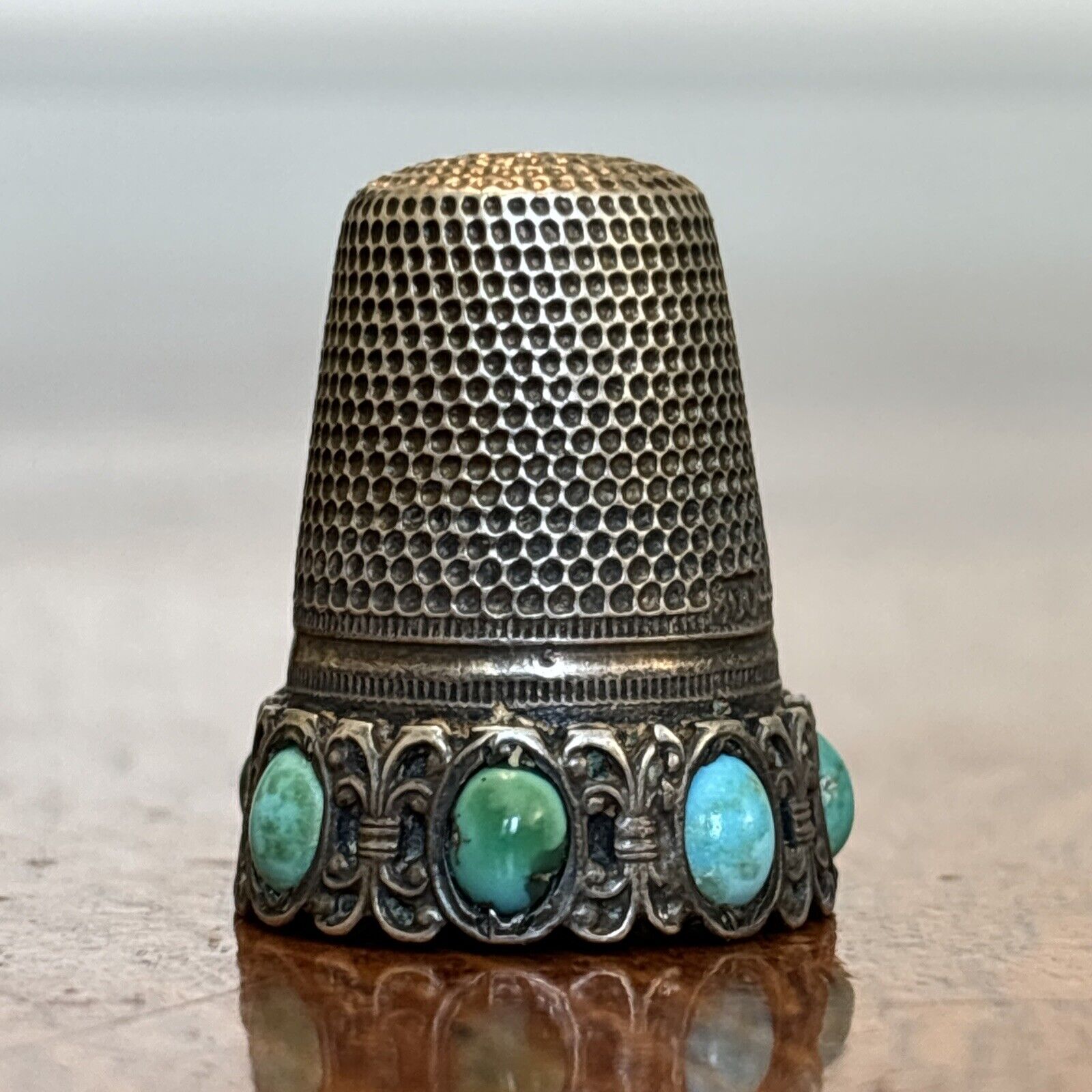 800 silver turquoise Jeweled Solid Silver thimble vintage Ux