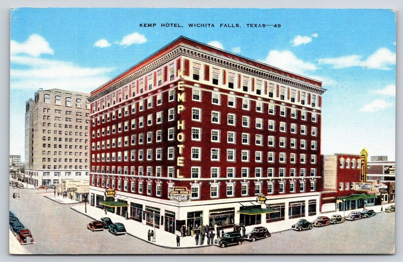 Old Vintage Antique Postcard Image Wichita Falls Texas Kemp Hotel Building Cars