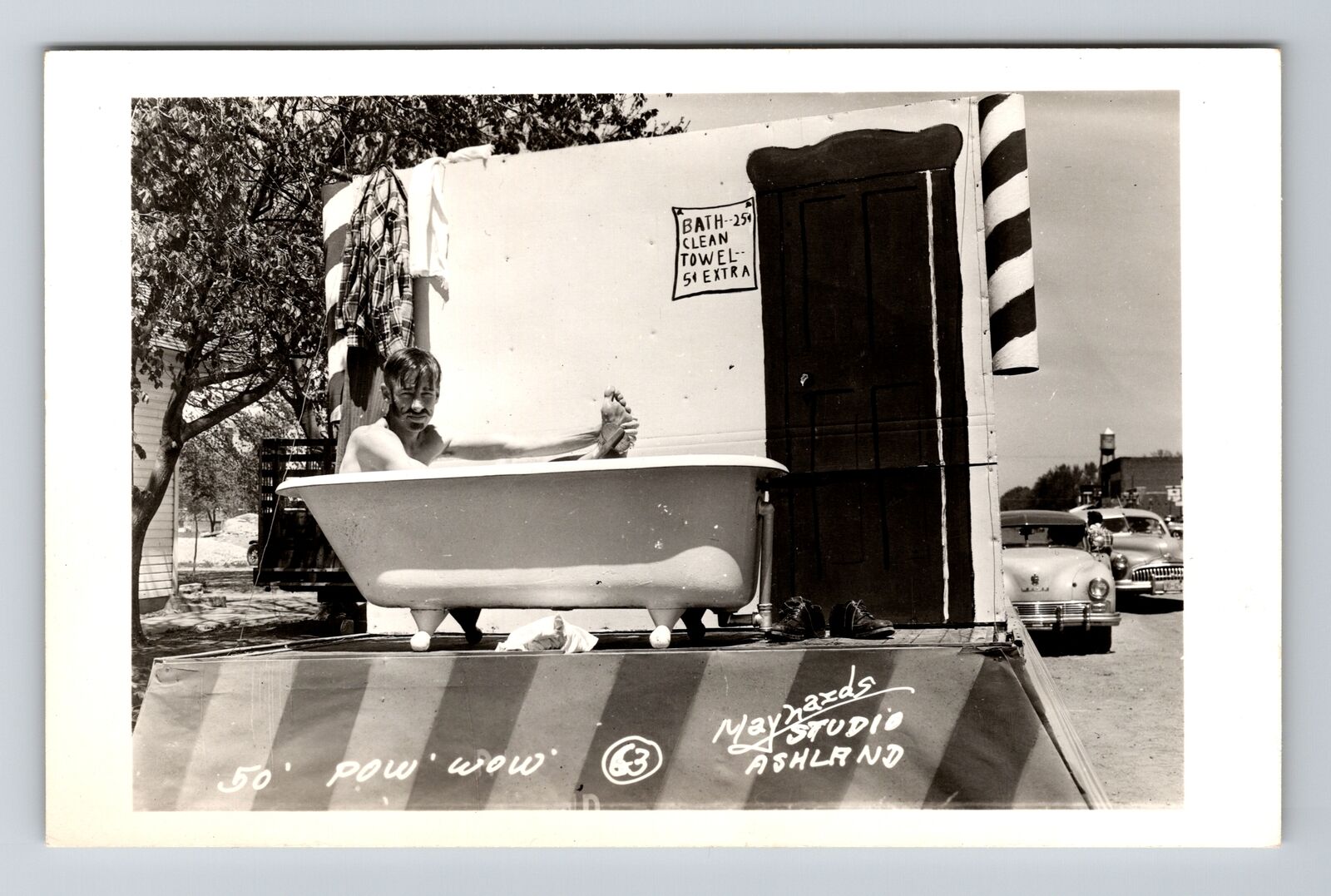 Ashland OR-Oregon RPPC, Pow Wow Man in Bath Tub Parade Float, c1950 Postcard