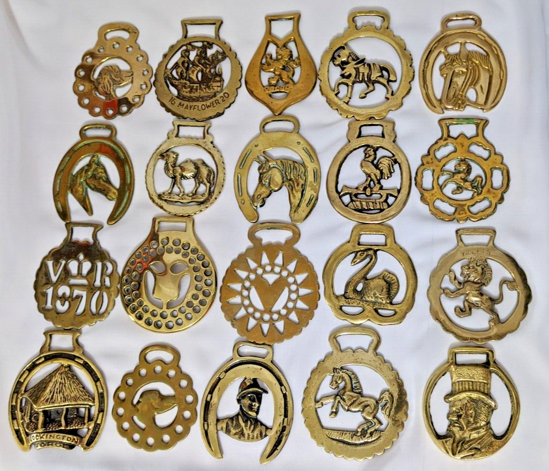 Brass Horse Medallion Lot of 20 Antique to Vintage Horseshoe Lion Jockey Heart