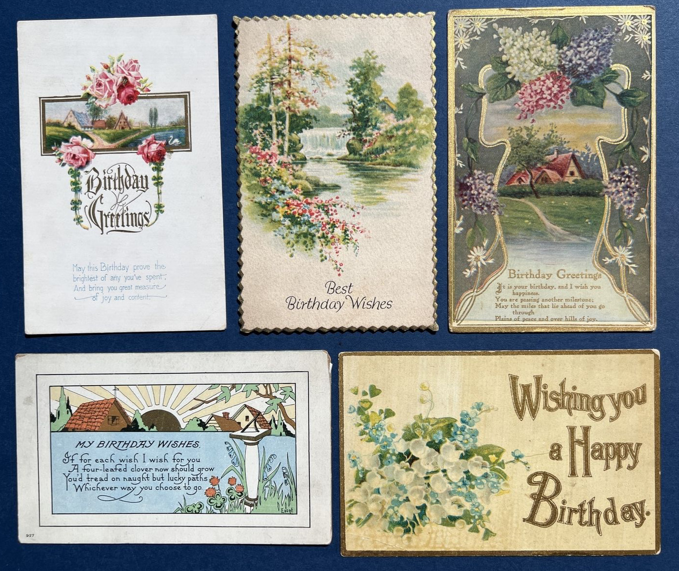 Mixture 5 Birthday Antique Postcards. Gold In The Design. Rural & Home Scenes