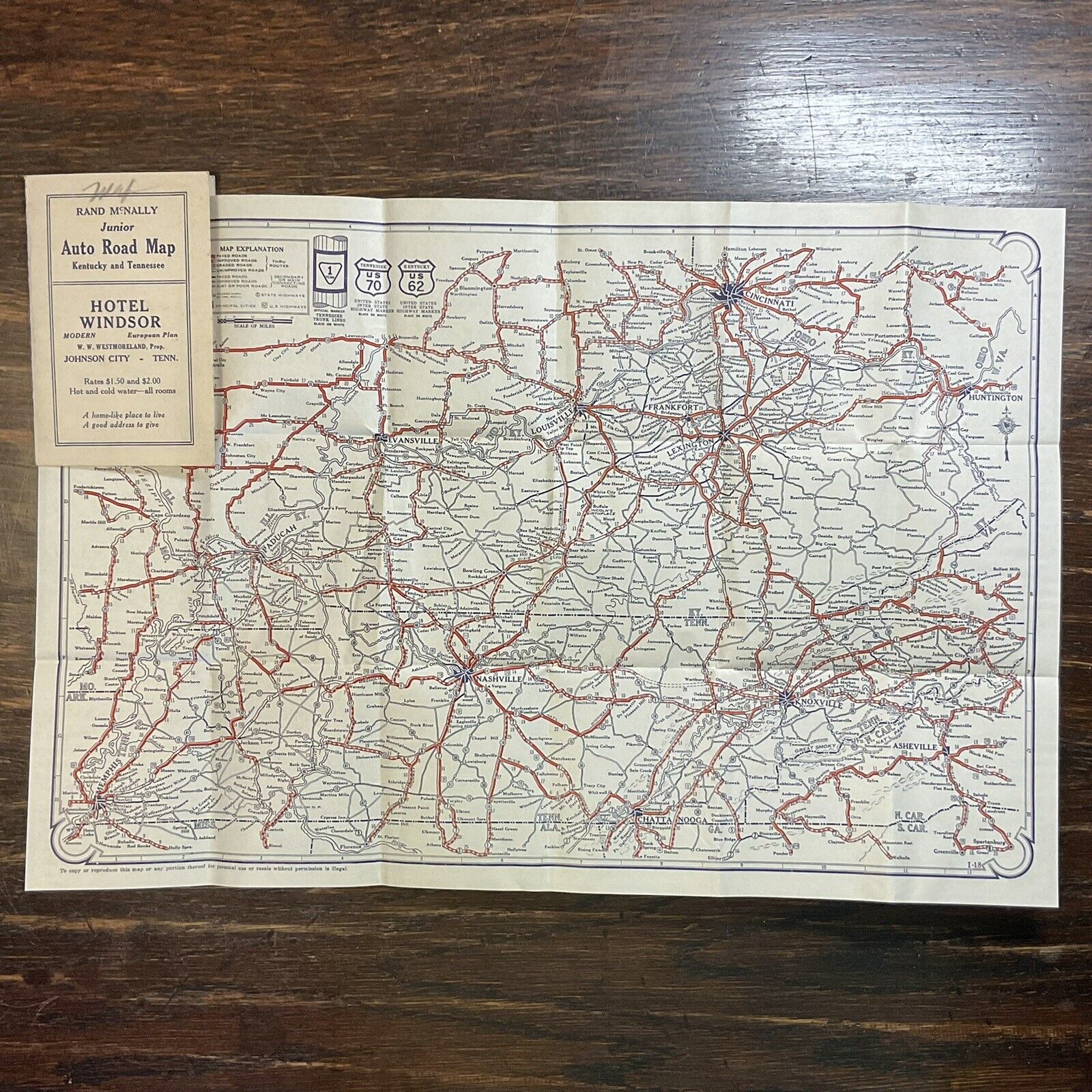 1925 AUTO TRAILS MAP KENTUCKY/TENNESSEE Rand McNally Junior, Frameable 12”x18”