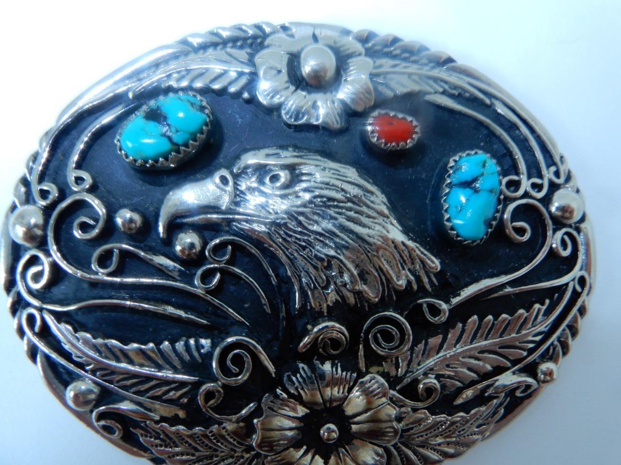 Silver turquoise & coral Native American  Eagle head  belt buckle