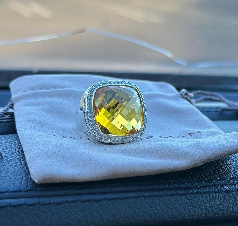 David Yurman 925 Silver 20mm Lemon Citrine ALBION Ring With DIAMONDS Size 6