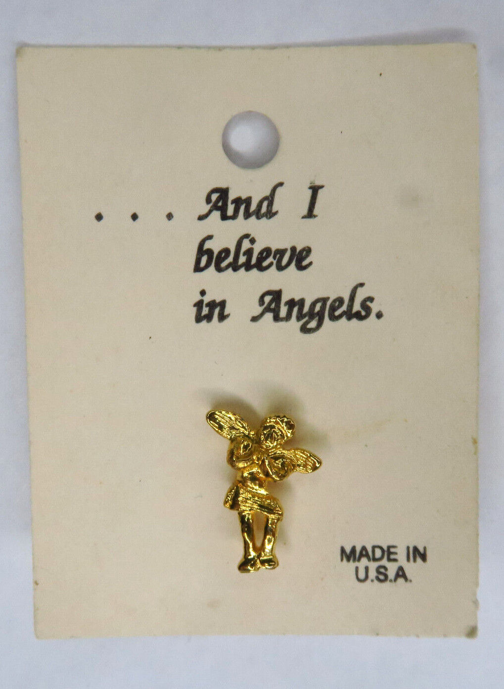 Vintage I Believe In Angels Lapel Pin NOS New Gold Tone Pinch Back Hat Made USA