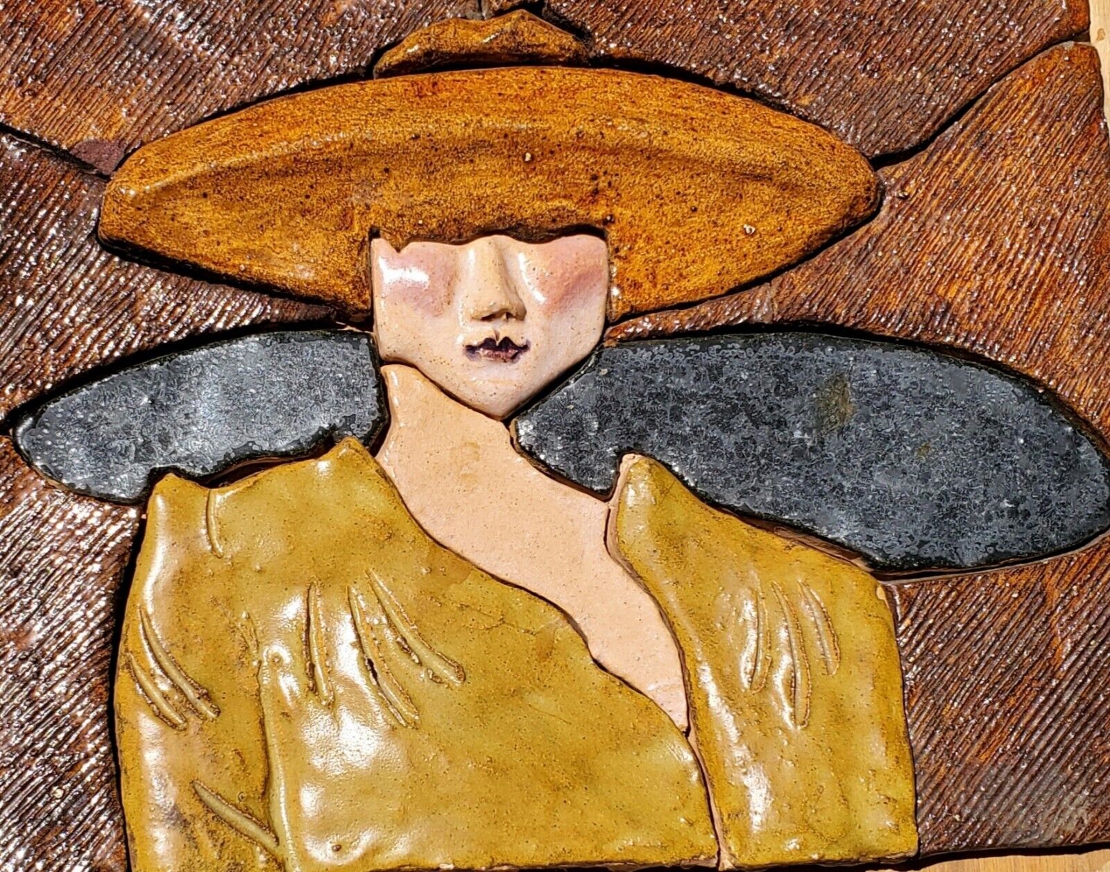 Vintage Art Tile Ceramic Wall Art 3D Lady Signed Poncho Mexico 1972