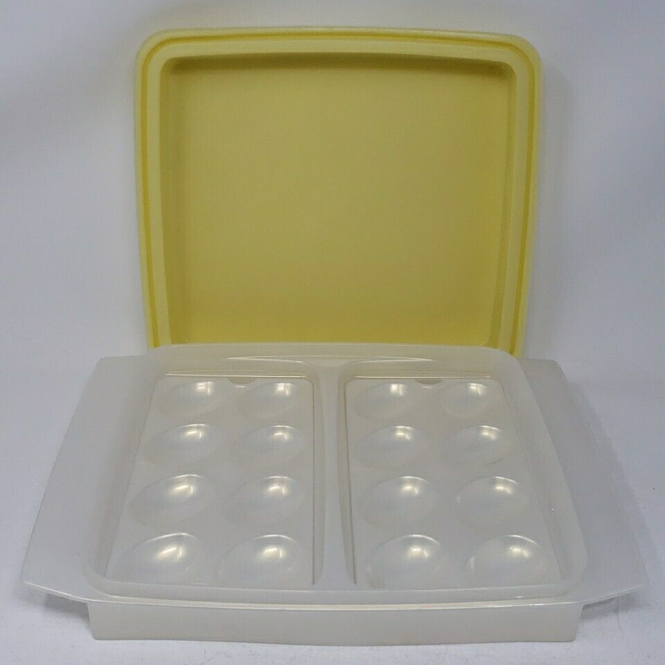 Vintage Yellow Tupperware Deviled Egg Keeper 723 2 Egg Trays Iridescent Pearl