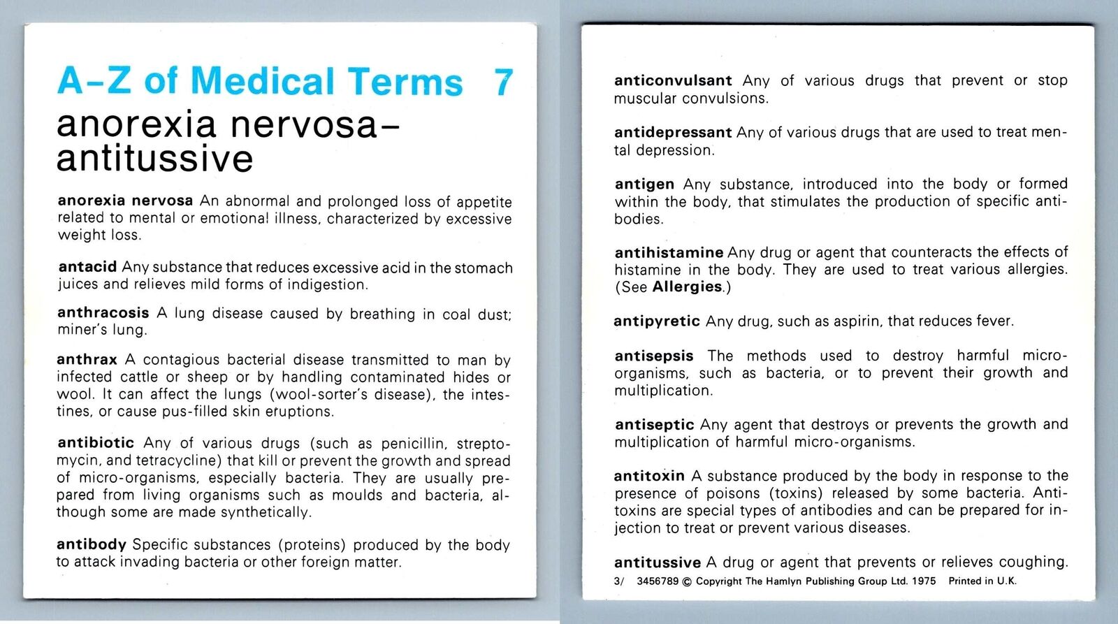 Anorexia Nervosa-Antitussive #7 A-Z Terms - Home Medical Guide 1975 Hamlyn Card