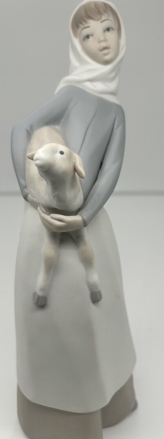 Vintage Spain Lladro Porcelain Figurine Girl With a Lamb Underglaze Hand Painted
