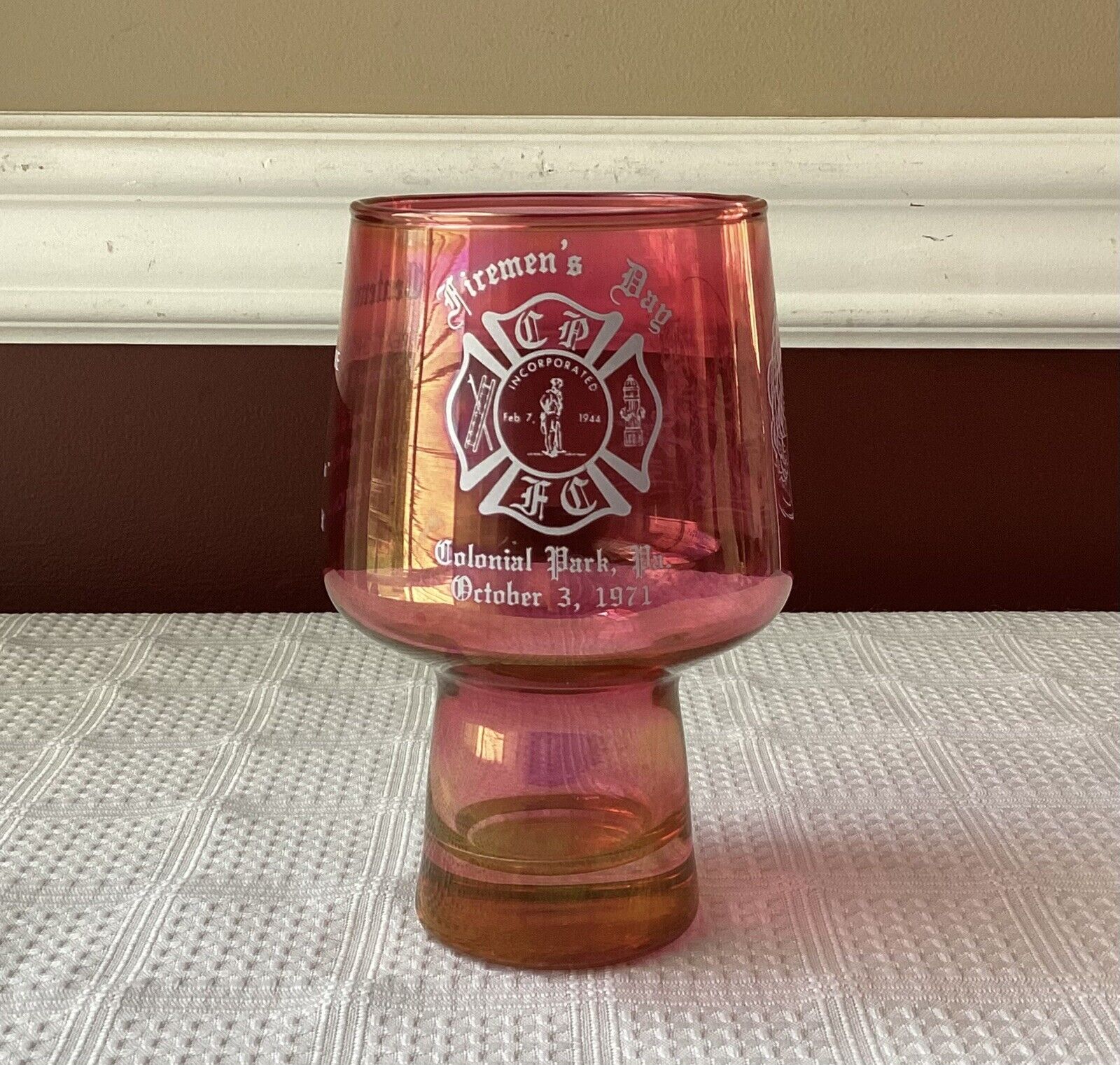 1971 Firemen’s Day Colonial Park, PA Centennial “Great Chicago Fire” Glass Cup