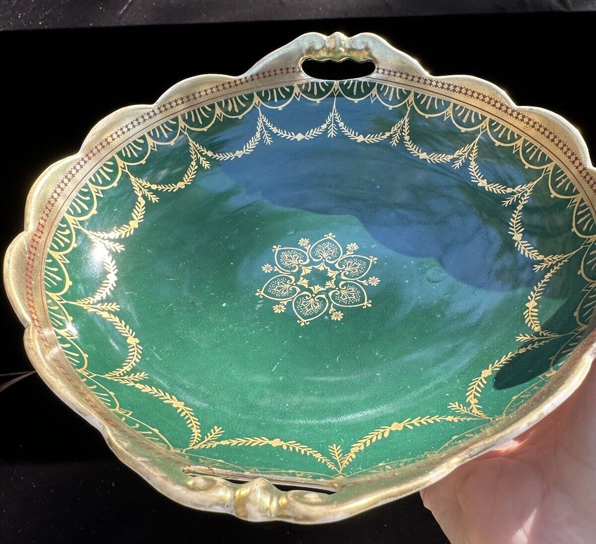 1884-1909 M.Z. Austria Gilt Handled Green Bowl Gorgeous 8\