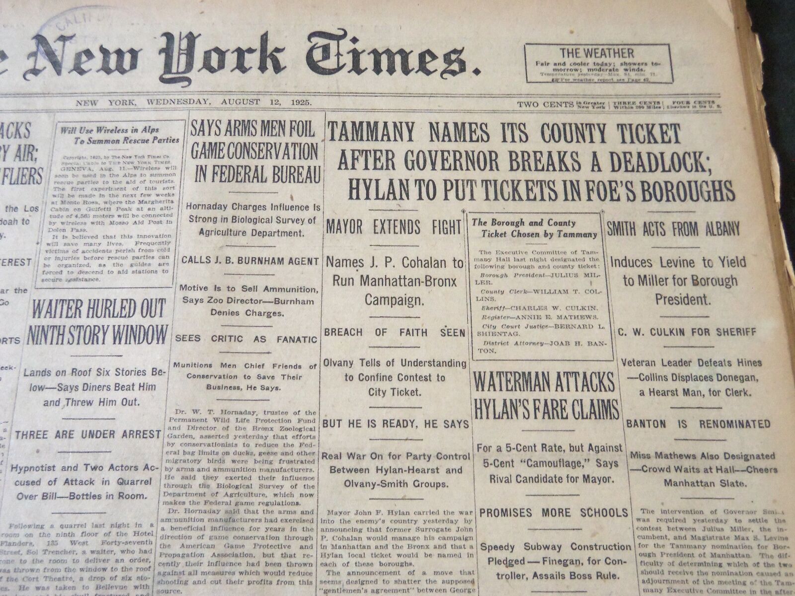 1925 AUGUST 12 NEW YORK TIMES - TAMMANY NAMES ITS COUNTY TICKET - NT 5430
