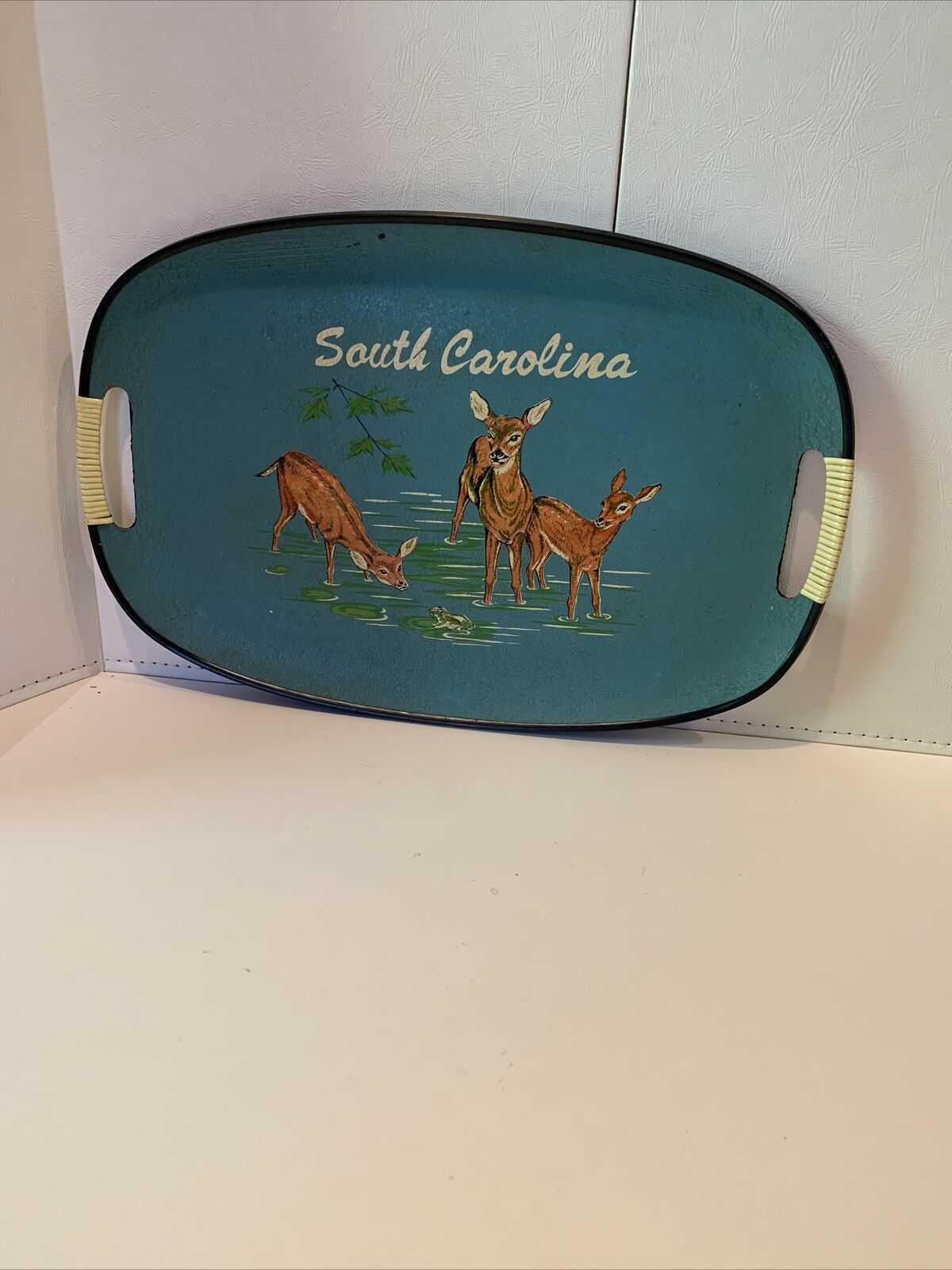 Vintage South Carolina Souvenir Serving Tray Collectable. Three Deer Drinking 
