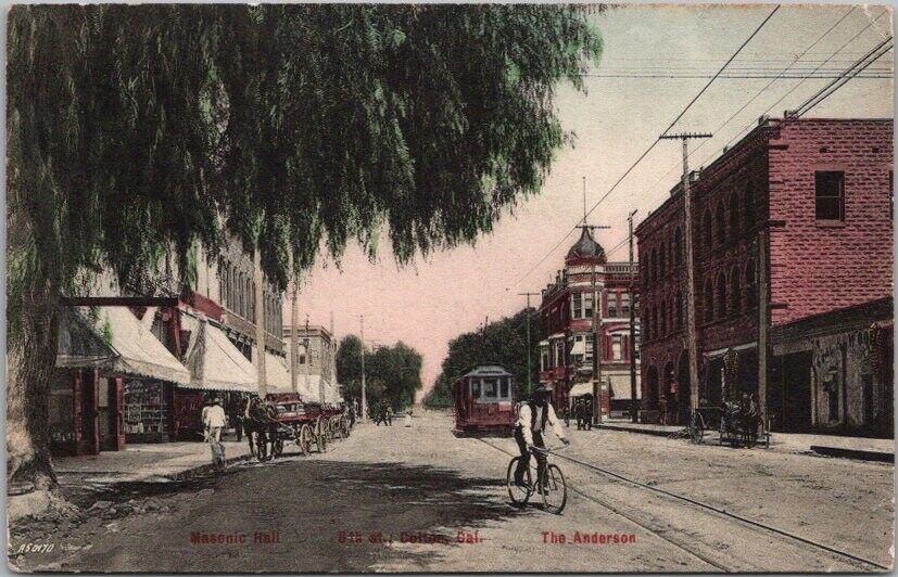 1908 COLTON, California Hand-Colored Postcard 8th Street Masonic Hall / Trolley