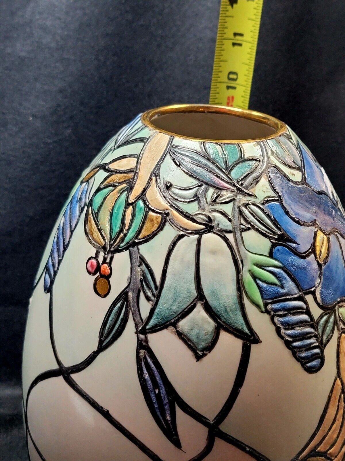 Stunning Floral Egg Shaped Vase with Vivid Blues Hand painted Moorcraft style