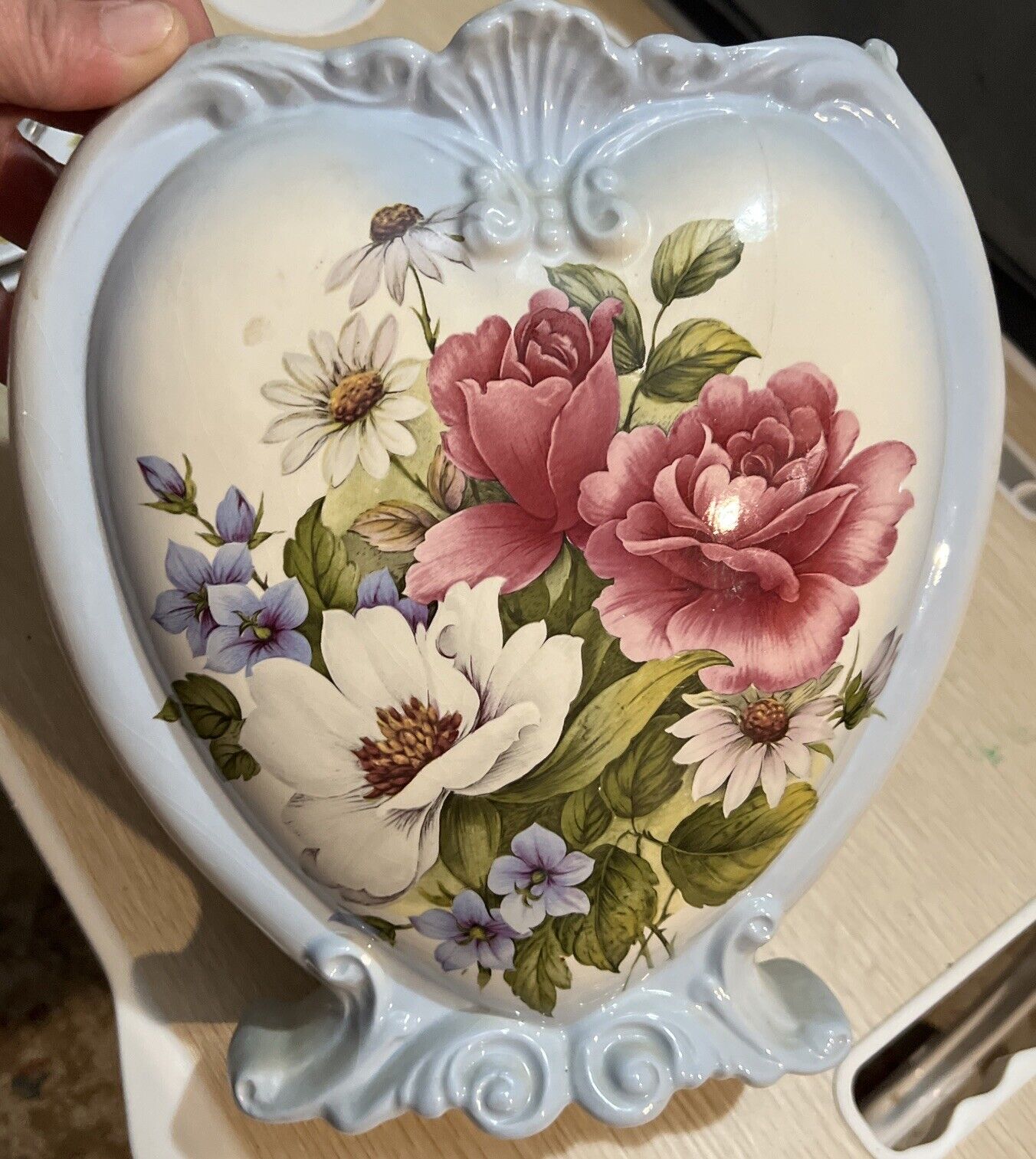 Vintage Alberta’s Heart Shaped Blue Vase 9.5”h 9”w  Pink Flowers Floral