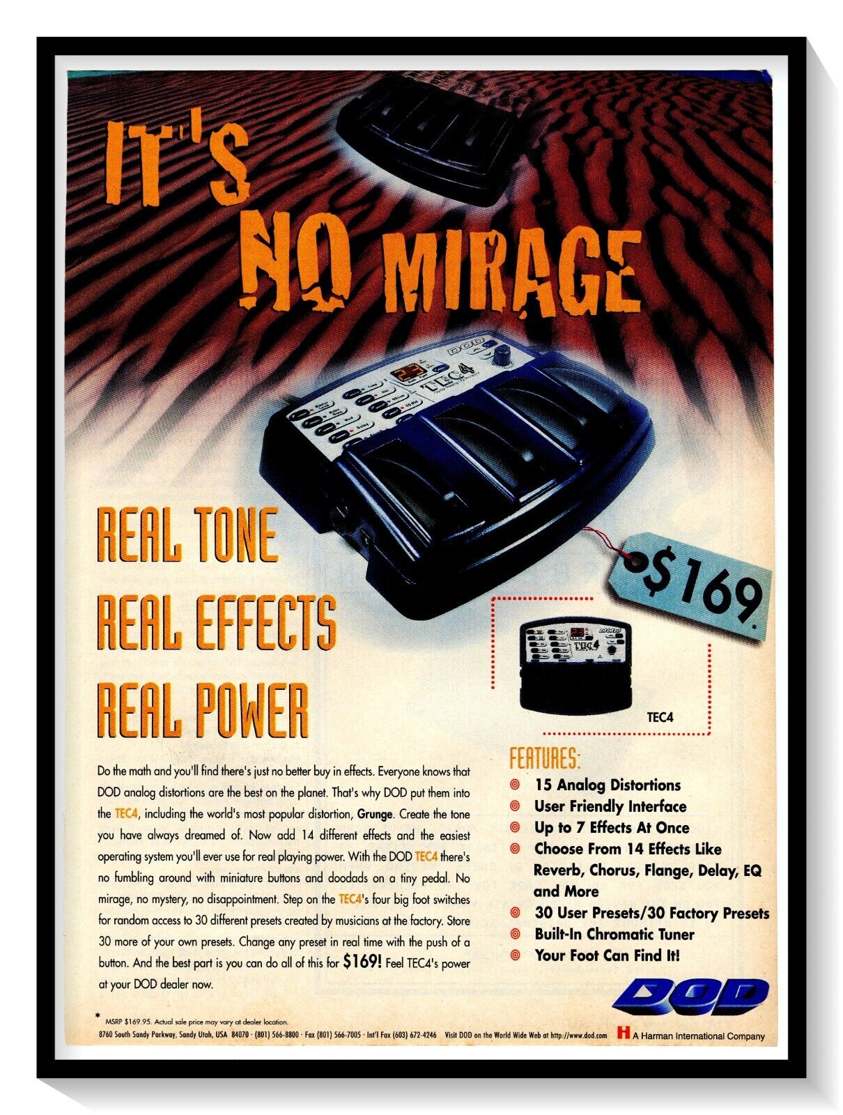 DOD TEC4 Distortion Pedal No Mirage Print Ad Vintage 1997 Magazine Advertisement