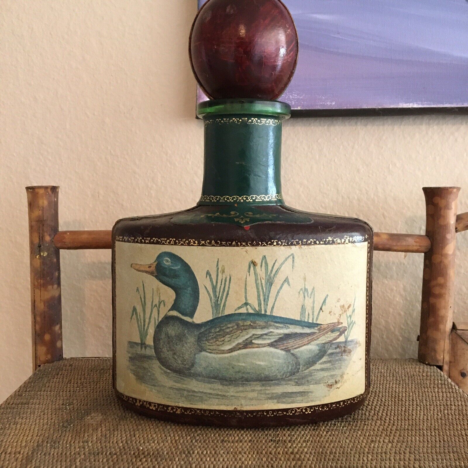 Vintage Leather Wrapped Glass Decanter Bottle Mallard Duck Wood Stopper Italy