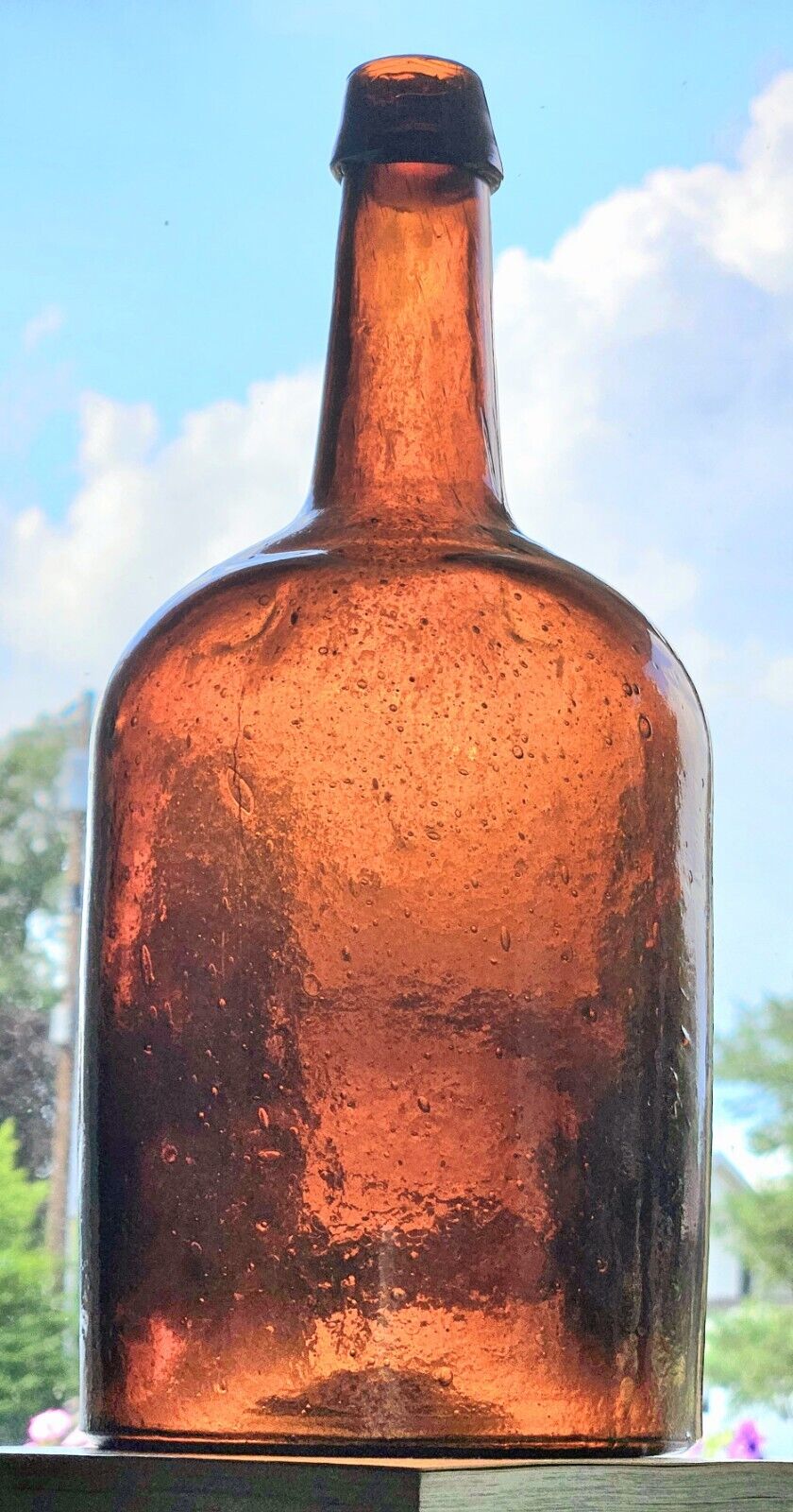 19th Century Amber 12” Demijohn A GALAXY of Seed Bubbles Swirls & Colors Antique