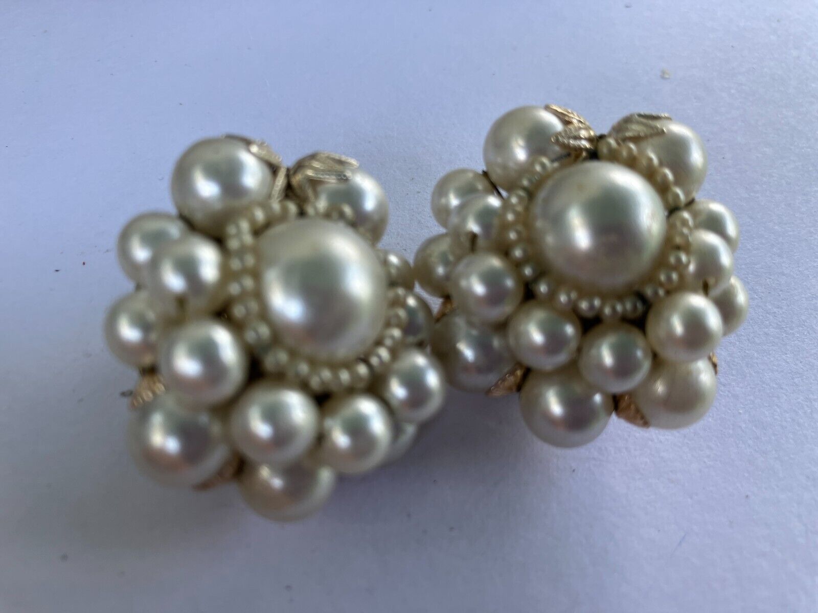 vintage estate japan faux pearl cluster clip on earrings