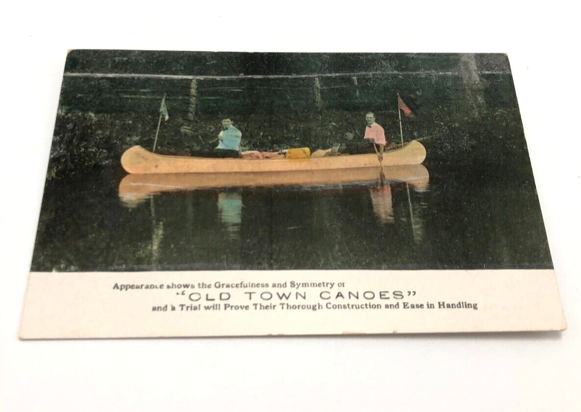 Old Town Canoes Maine USA Men in Canoe on Lake Advertising Trade Postcard c1910