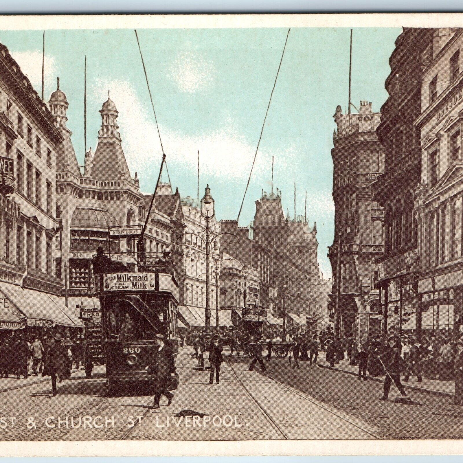 c1910s Liverpool, England Lord Church Street Downtown Crowd Streetcar Signs A206