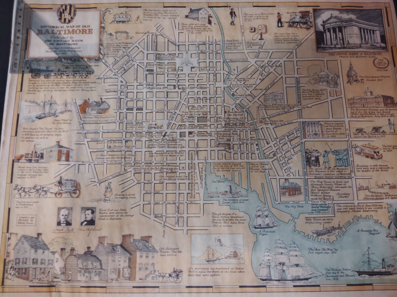Historical Map Of Old Baltimore Savings Bank Of Baltimore Commemorative 150th...