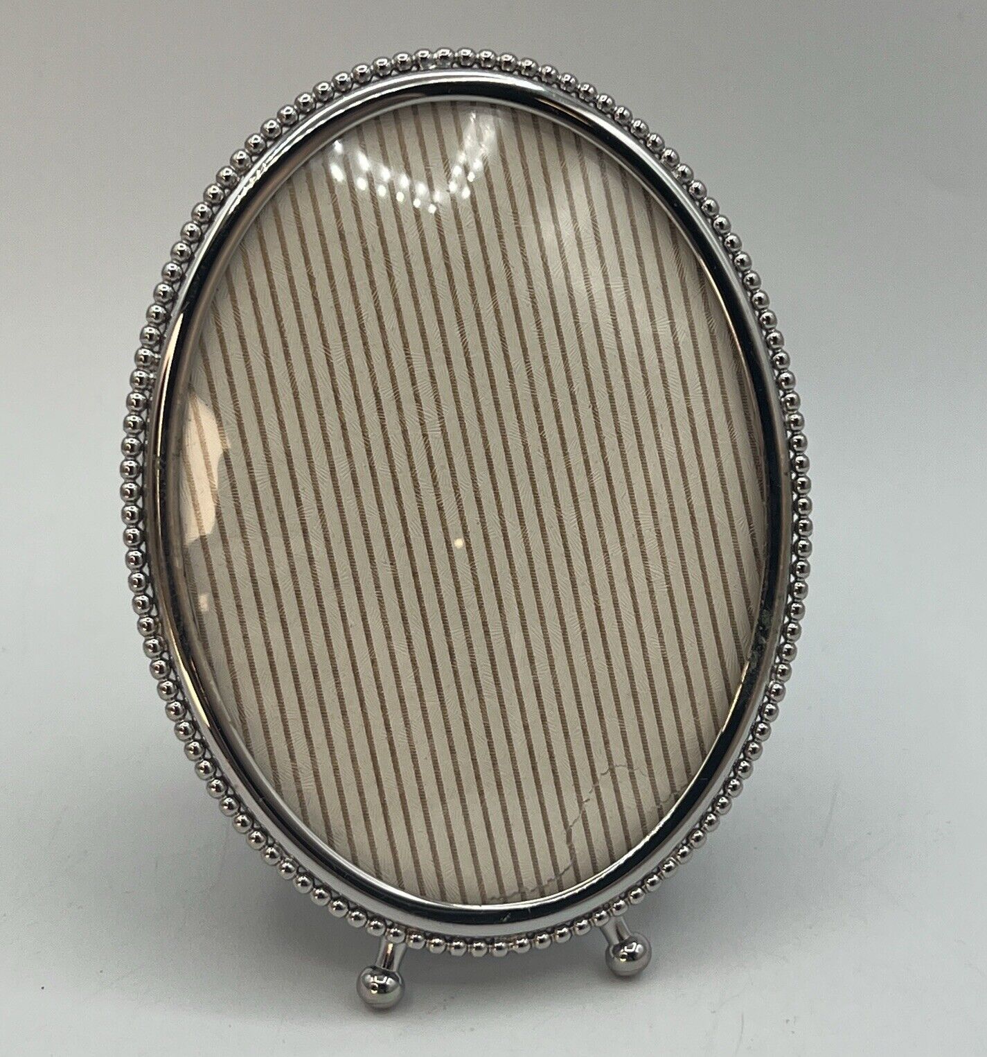Vintage Oval Bubble Convex Glass Picture Frame Easel Footed 3x4 Silver