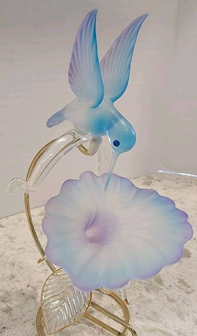 Hummingbird Glass Figurine - Blue/Purple Flower 7 X 4 X 3.25 Stand Not Included