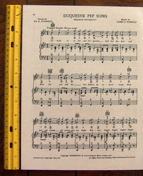 DUQUESNE UNIVERSITY Song Sheet c1938 Duquesne Pep Song