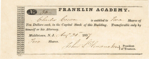 Franklin Academy - Stock Certificate - Early Stocks and Bonds