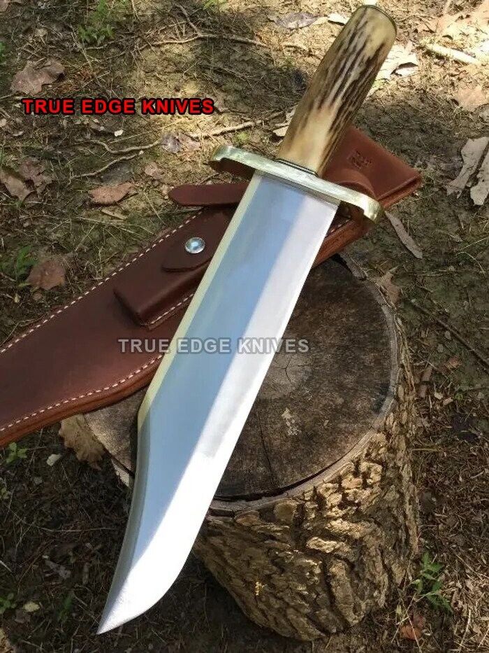 Handmade D2 Steel Hunting Big Bowie Knife with Stag Handle Leather Sheath 