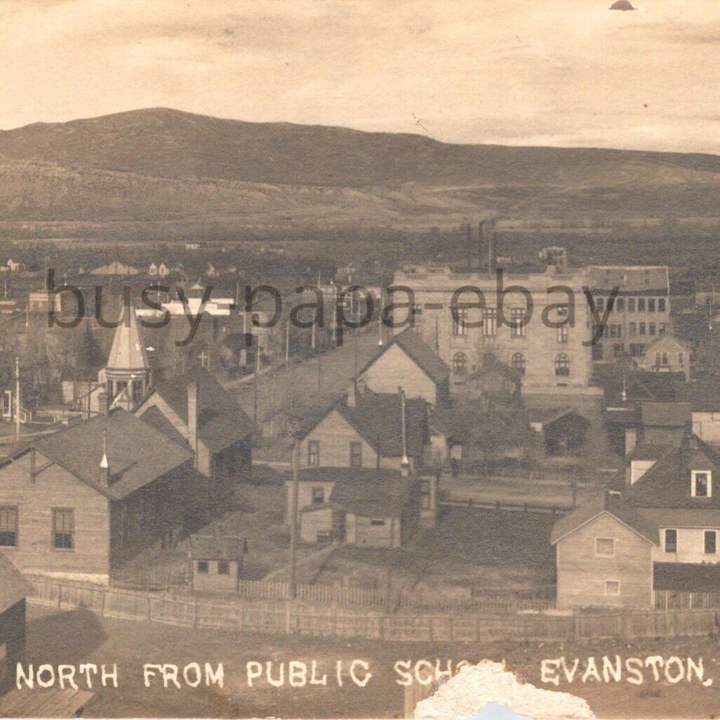 1911 RPPC North Bird Eye View From Public School Evanston Postcard Wyoming