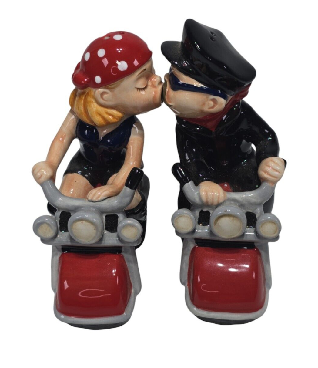 Westland Motorcycle Biker Couple Magnetic Kissing Salt & Pepper Shakers
