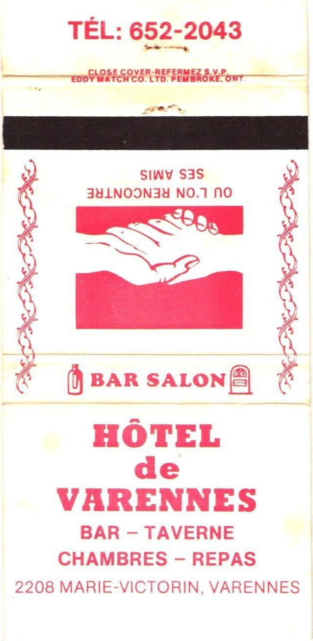 Varennes Quebec, Canada Hotel de Varennes Bar-Tavern Vintage Matchbook Cover