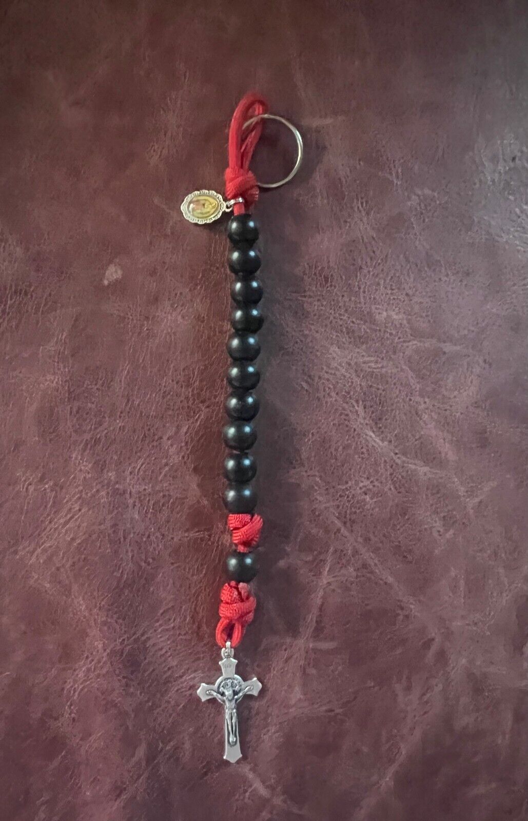 Pocket Rosary Black Beads with Red Paracord Single Decade