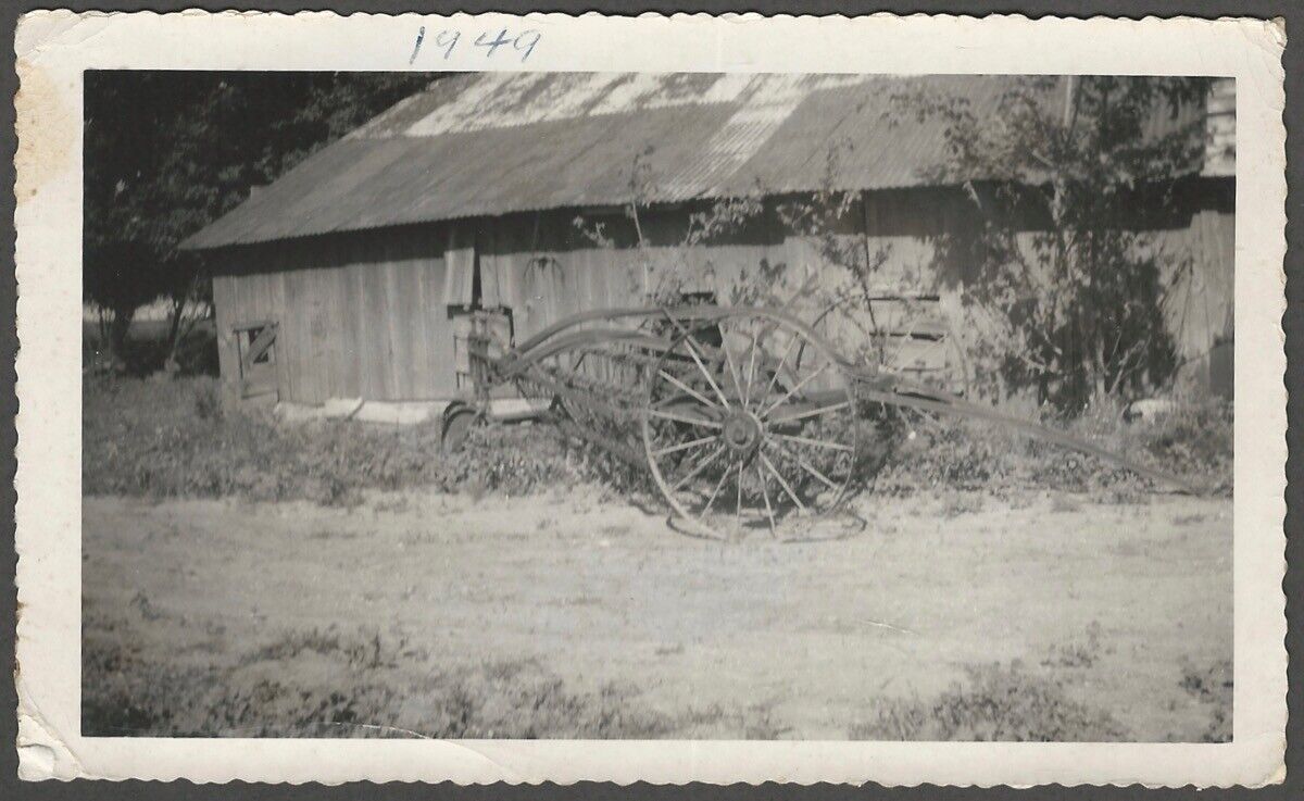 Abandoned Country Tin Roof Barn Farm Machinery in Weeds 1949 Original Snapshot