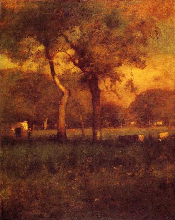 Oil painting George-Inness-California sunset village landscape with cows canvas