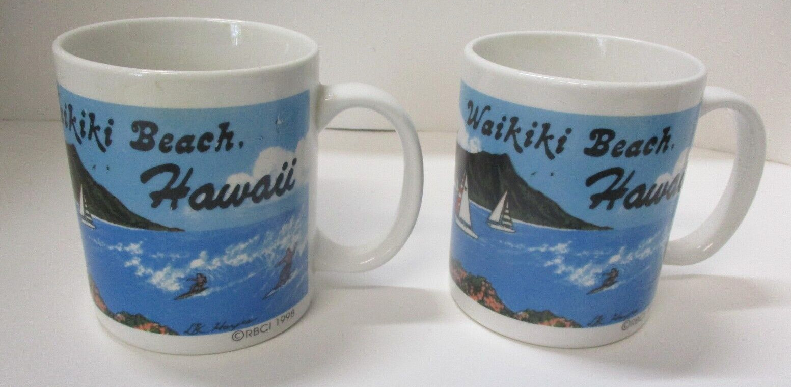 2 Vintage Waikiki Beach Hawaii Souvenir Beach Coffee Tea Mugs