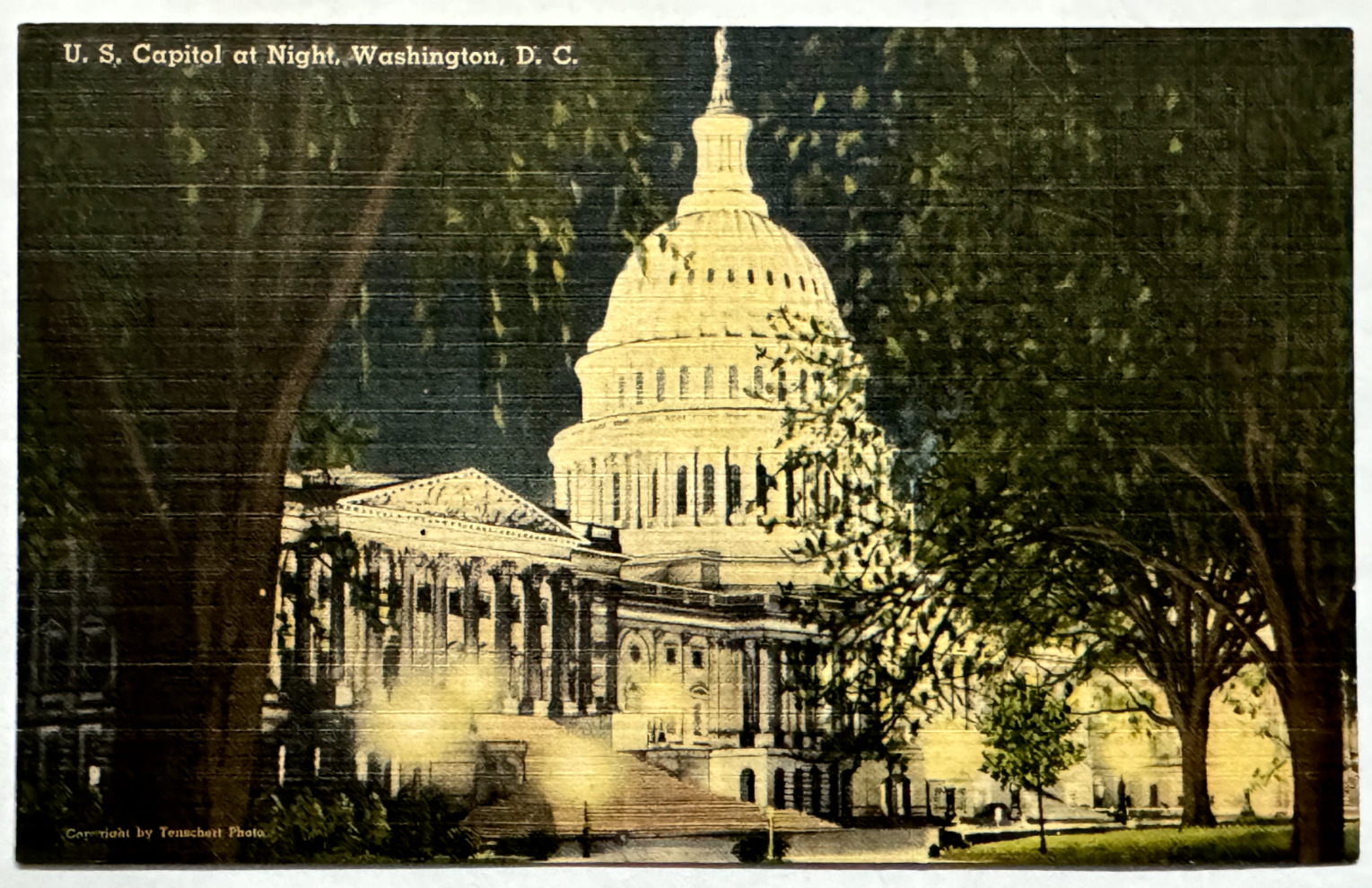 U.S. Capitol Building at Night Washington D.C. Exterior Linen Vintage Postcard