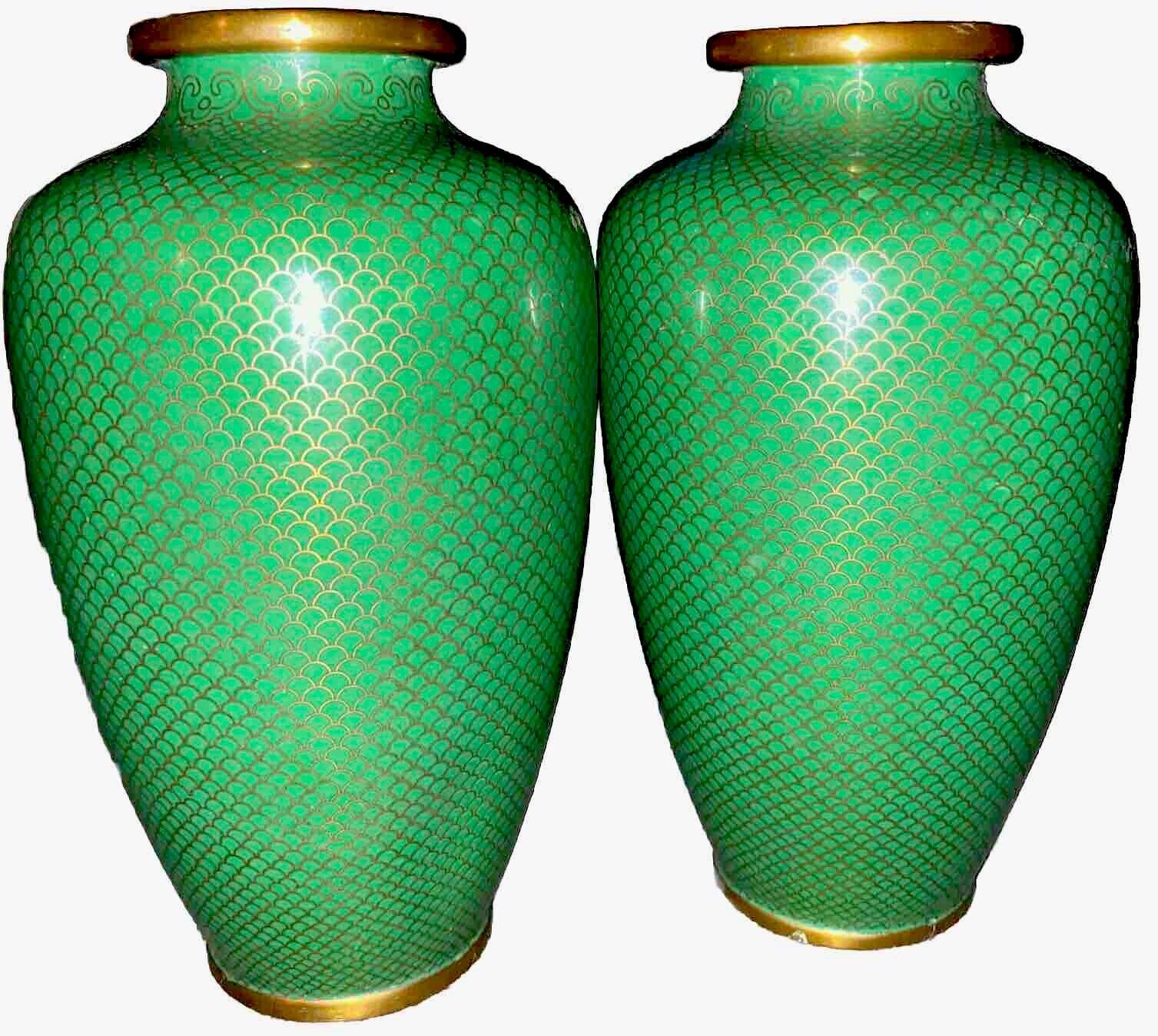 TWO ANTIQUE CHINESE CLOISONNÉ GREEN VASES WITH A SCALES & RUYIS DESIGN PATTERN