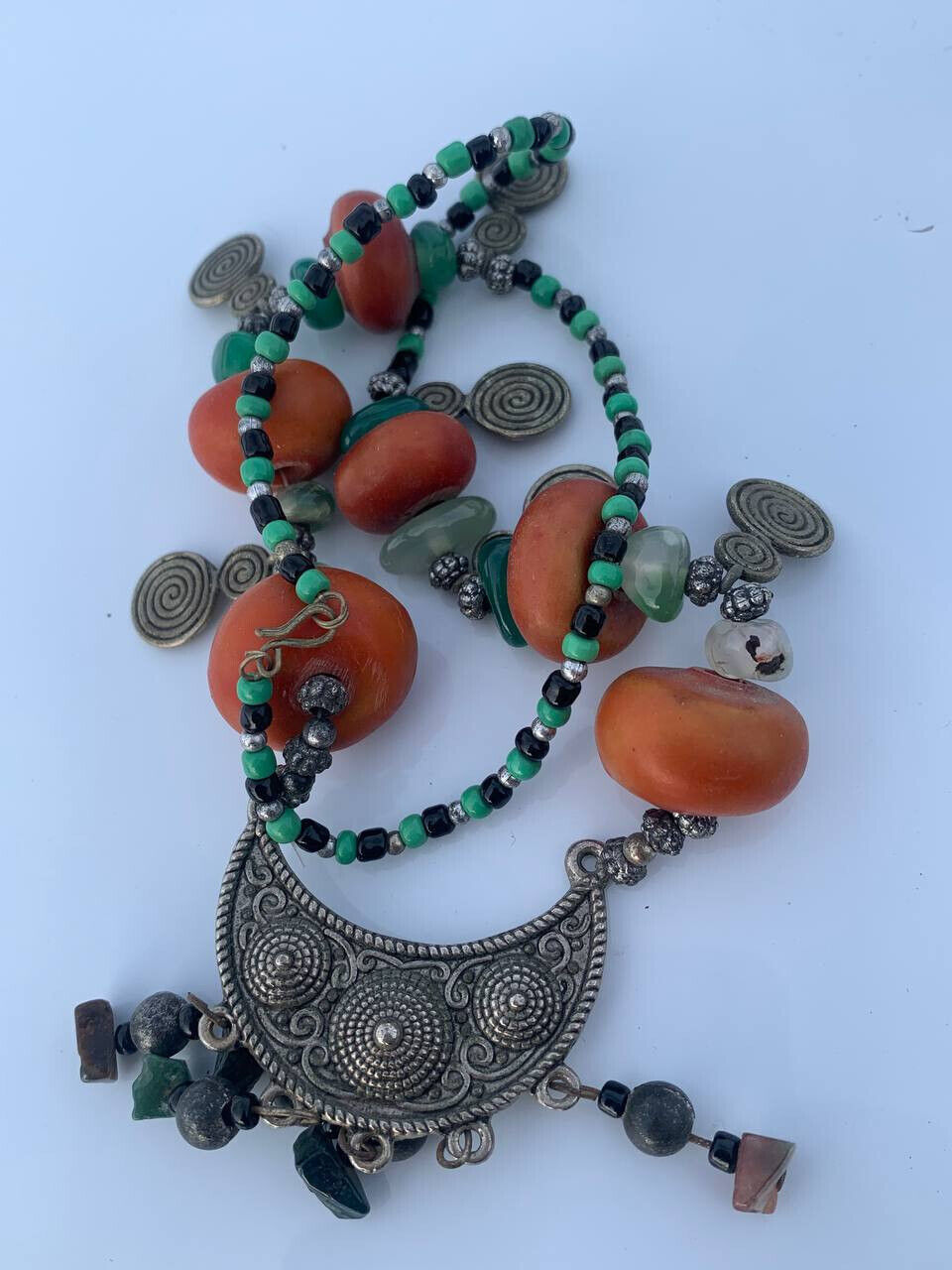 Vintage Moroccan Berber Kabyle LOUBAN Silver  Coral Enamel Necklace