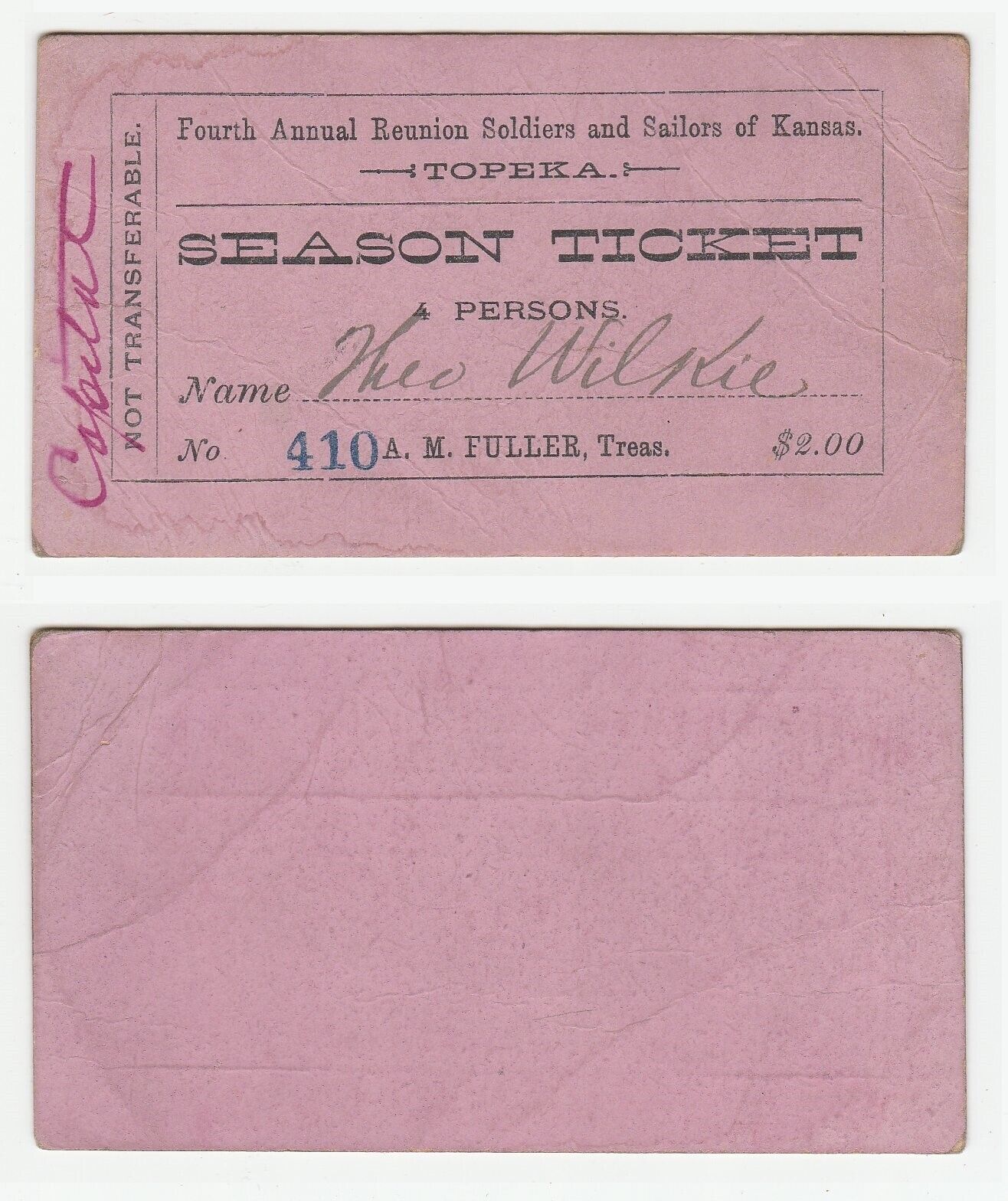 1885 Soldiers and Sailors of Kansas reunion ticket (Grand Army of the Republic)