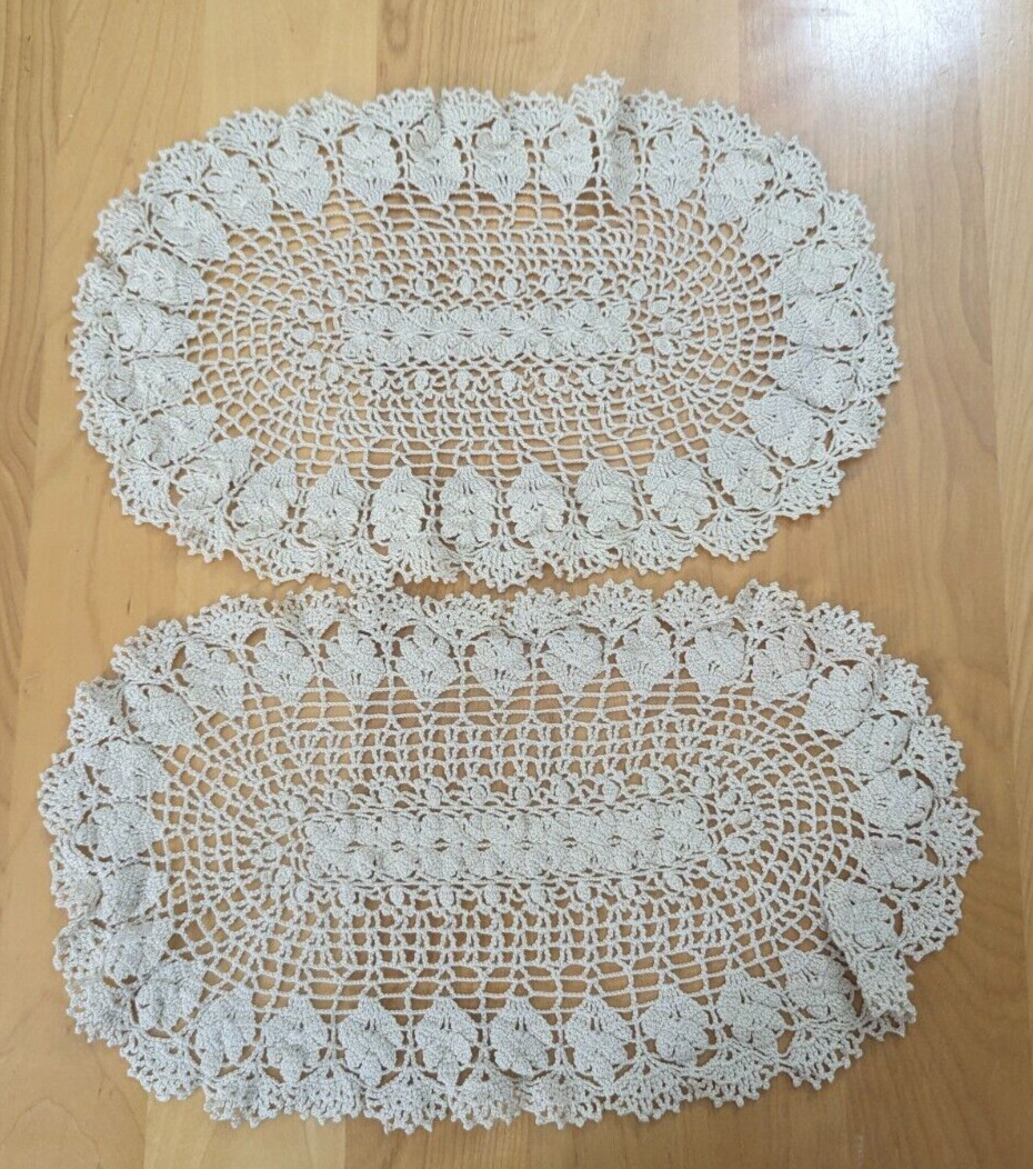 2 Vintage Ecru Hand Crochet Oval Doilies 9.75\