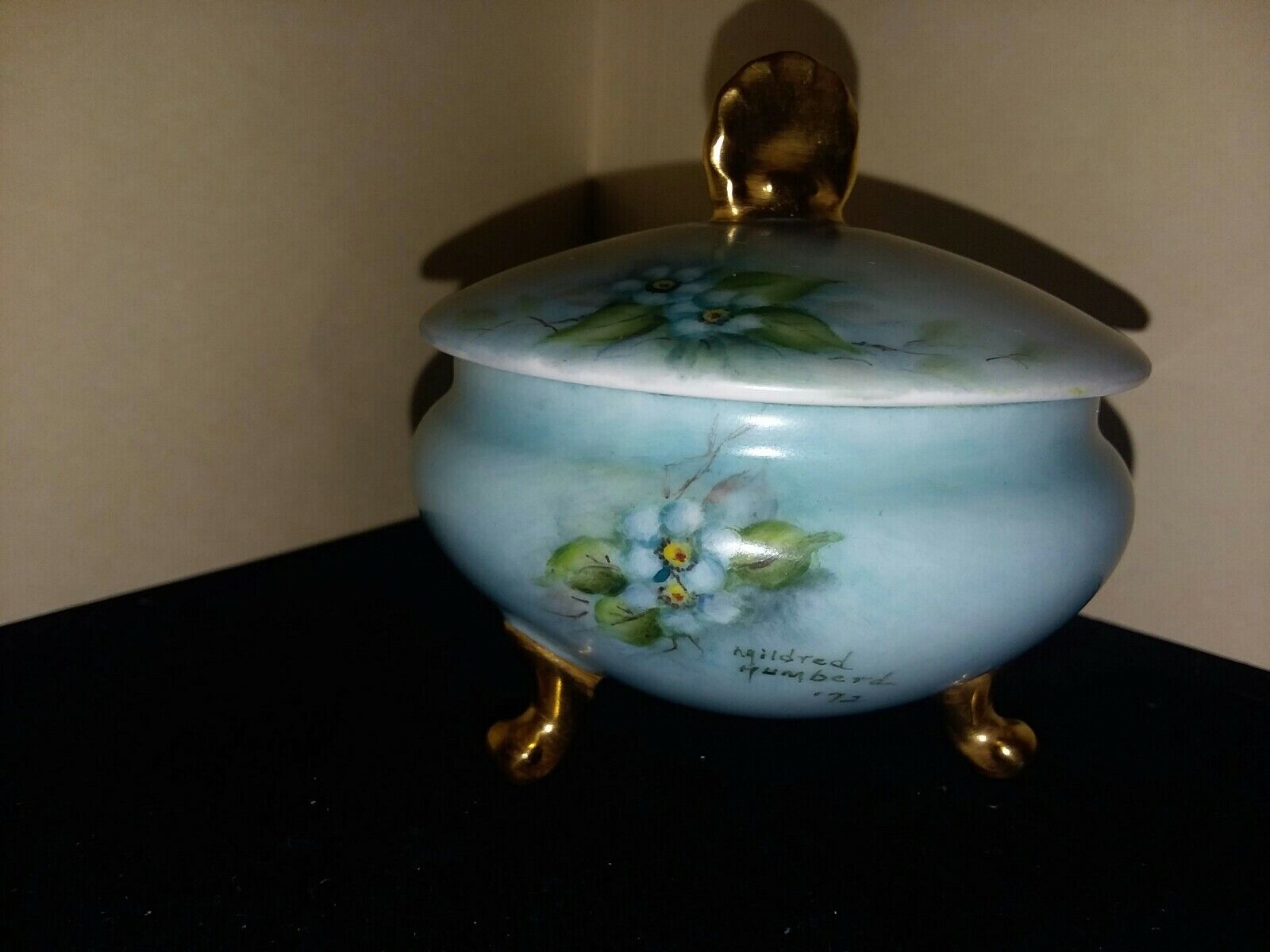 TO-002 Girard Limoges Porcelain Trinket Dish With Lid Vintage Blue Flowers