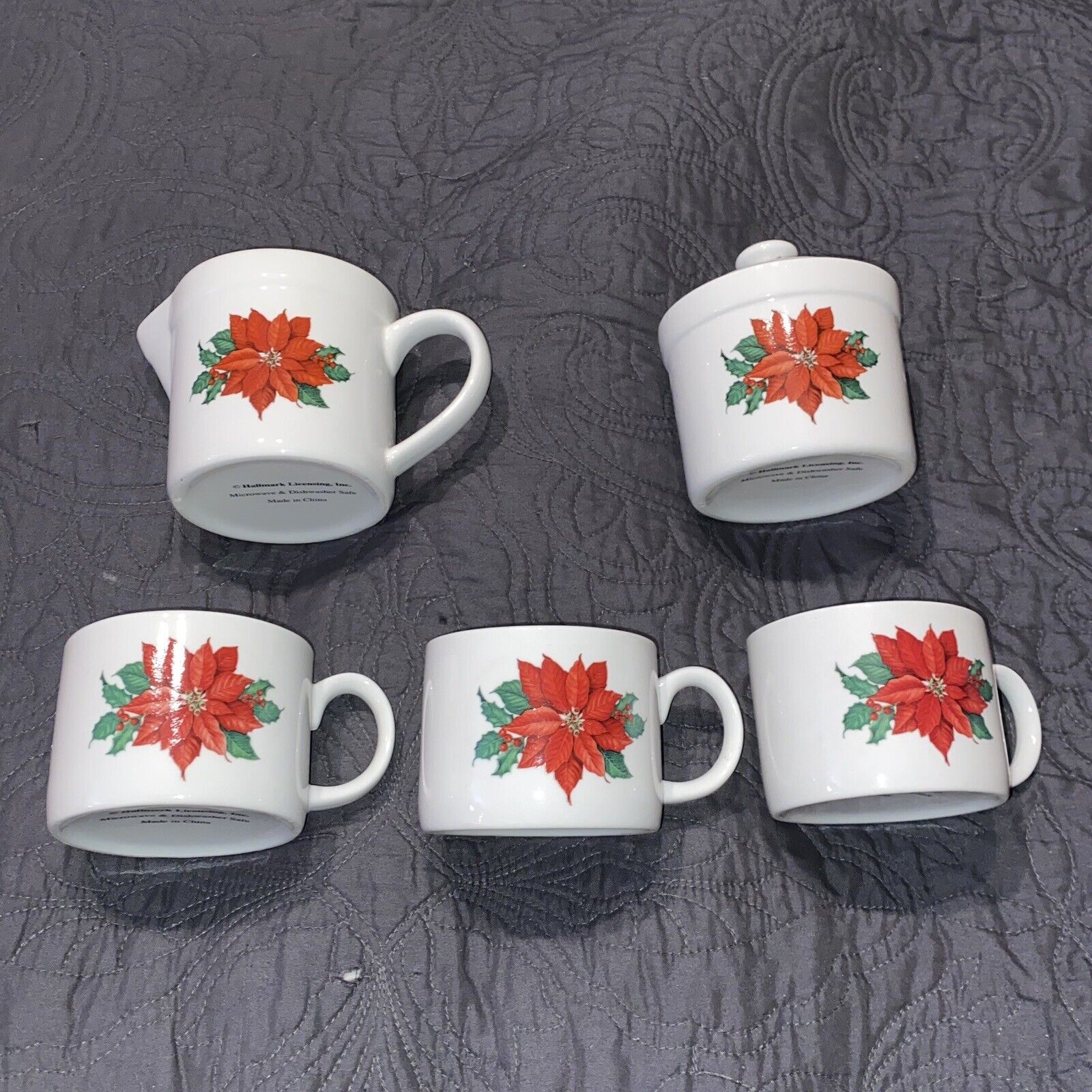 Vintage Hallmark Poinsettia & Holly Cream & Sugar with 3 Cups - New Unboxed
