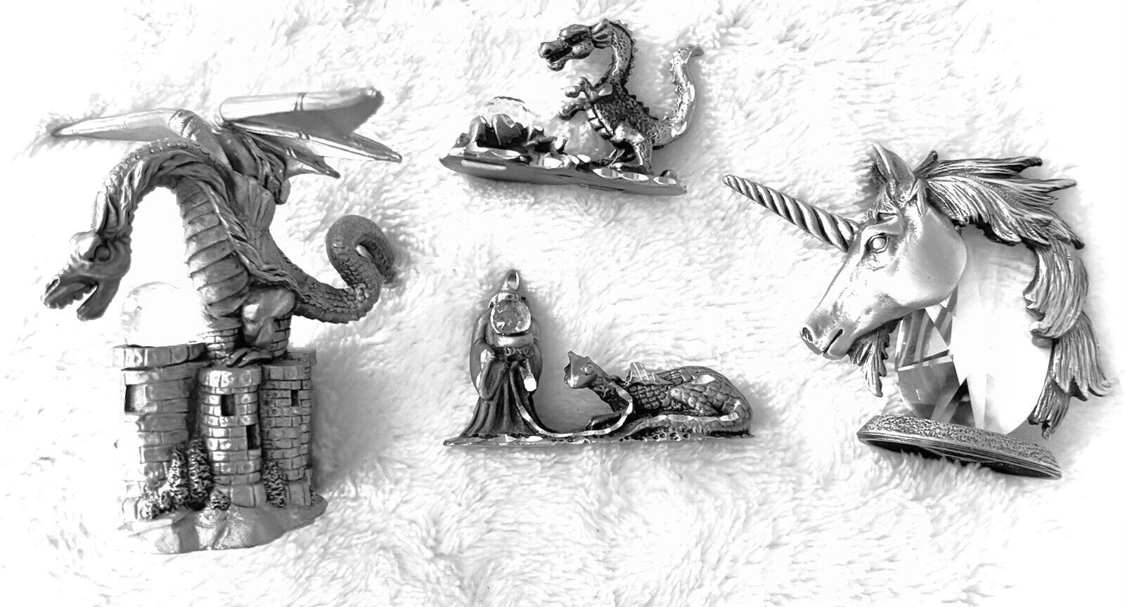 4 Pewter Figurines Wizard, Unicorn, and Dragons Swarovski & Spoontiques