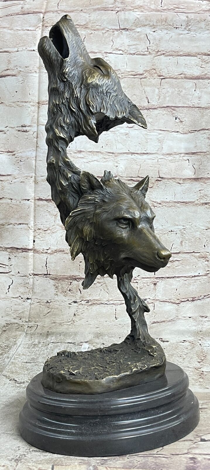 Large Two Wolves Head Bust Classic Wildli Bronze Sculpture Handmade Figure Sale