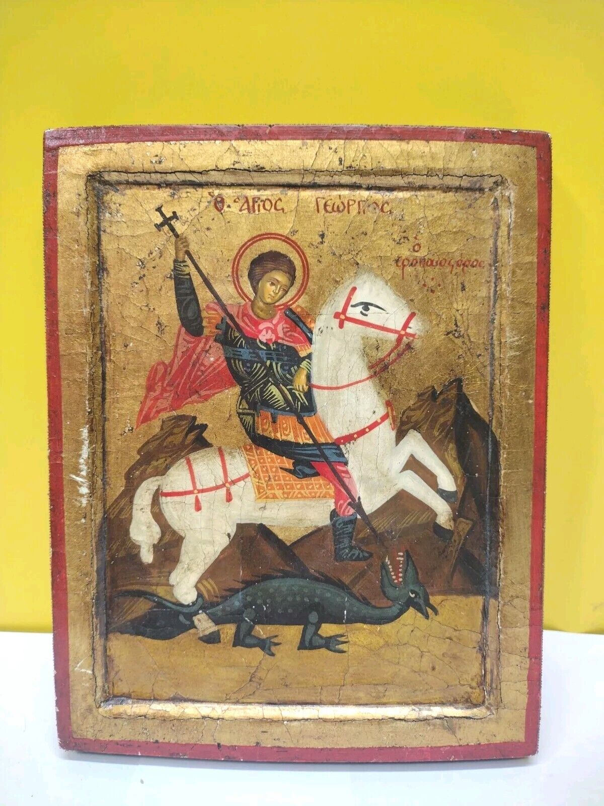 Vintage Original Greek Icon Saint George - Gold Gilded Hand-painted Wood W/ COA