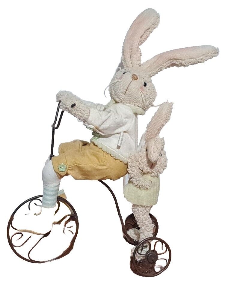 Bunny Rabbit With Baby Riding On Tricyle Farm House Decor 17 Inches High Plush